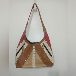 Retro Hippie Bohemian 70's Style Faux leather mixed Media Shoulder bag w studs